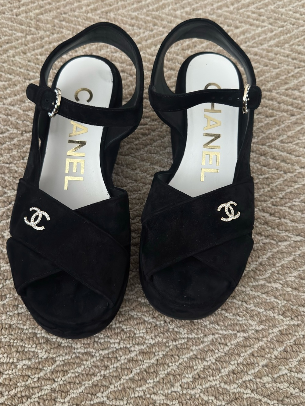CHANEL Black Suede Slingback platform Sandals with rhinestone CC and Buckle